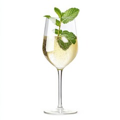A chilled white wine spritzer with a sprig of mint, light and refreshing, isolated white background