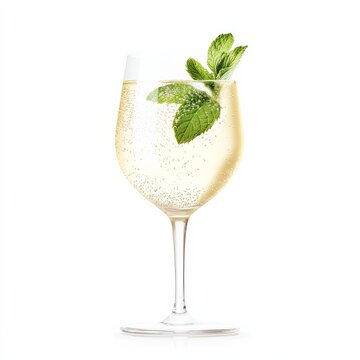 A chilled white wine spritzer with a sprig of mint, light and refreshing, isolated white background