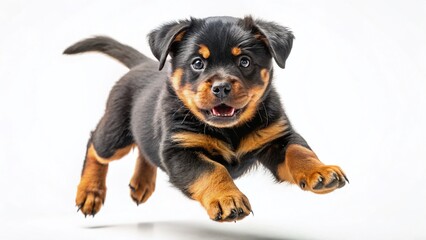 Obraz premium Adorable Rottweiler Puppy in Motion: Jumping and Running Isolated on White Background