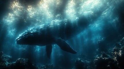 Fototapeta premium Majestic Humpback Whale Swimming Gracefully Underwater in Sunlit Ocean Waters with Ethereal Light and Mysterious Shadows Creating a Tranquil Marine Scene