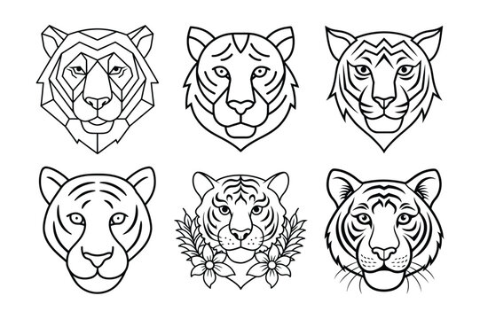 Set of unique tiger head line art with geometric and artistic elements