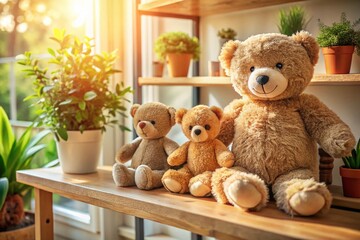 Adorable Teddy Bears on Shelf: Cozy Home Living Room Decor Stock Photo