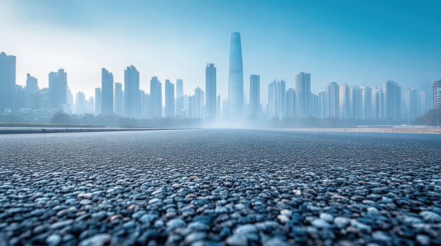 Urban landscape featuring a foggy road leading to a modern skyline with towering buildings
