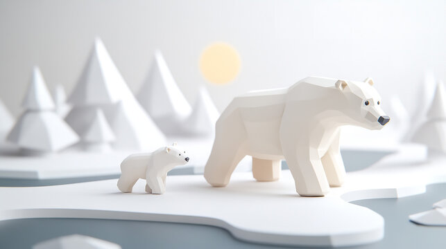 The image features two polar bears, one larger and one smaller, set against a snowy landscape with conical trees and a bright sun in the background