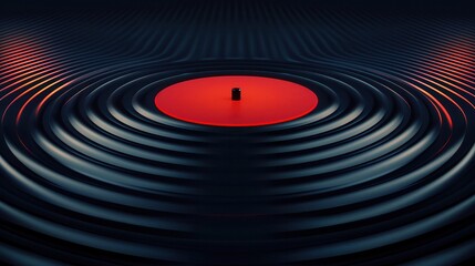 Obraz premium Vinyl record with red center on a textured surface creating sound waves.