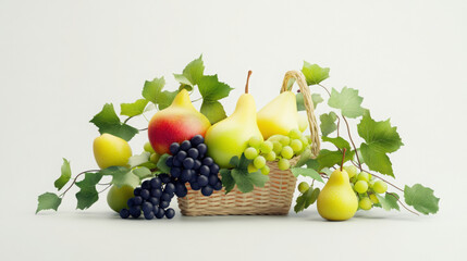 Fresh fruits in decorative basket with green leaves