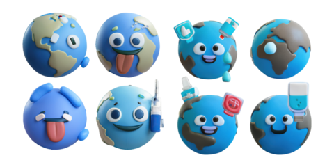 Playful Cartoon Earth Icons with Expressions, PNG collection, set bundle, isolate on transparent or white background