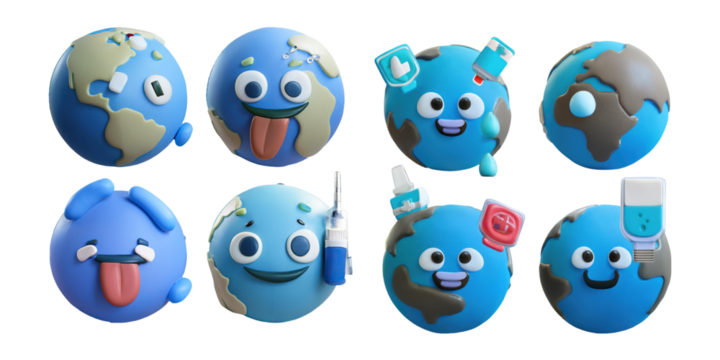 Playful Cartoon Earth Icons with Expressions, PNG collection, set bundle, isolate on transparent or white background