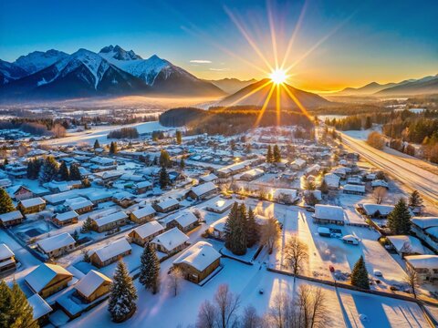 Aerial Drone View Chilliwack BC Snow Mountain Sun Flare Winter Landscape