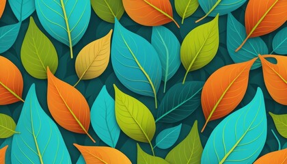 Vibrant autumn leaves seamless pattern background with colorful foliage in teal, orange, and green shades.