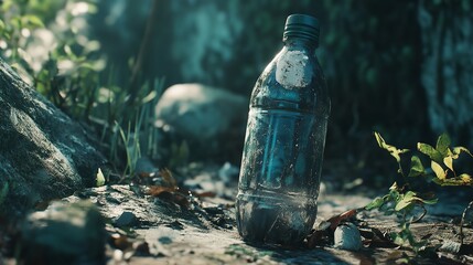 A reusable plastic water bottle with a blue Single plastic water bottle forest background,