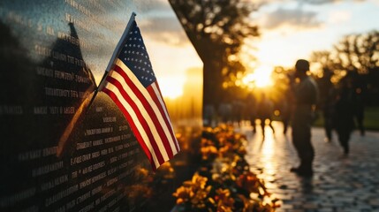 American Flag Memorial Sunset Reflection Patriotic Tribute Veterans Day Wall Art