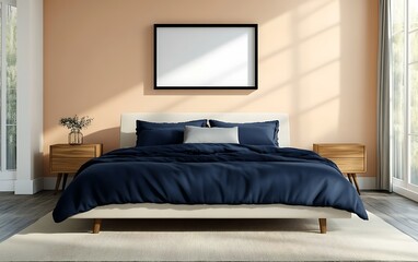 Sunny bedroom interior design, mockup frame, hardwood floor, calm background