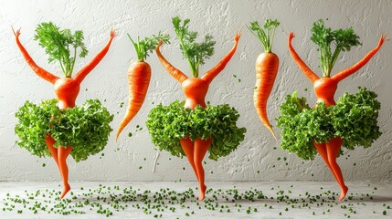 Four dancing carrot figures in lettuce skirts against a white background.