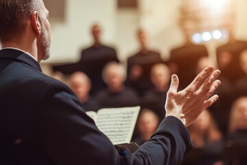 Conductor conducts an orchestr, the music of the orchestror the voices in choir sound coherent