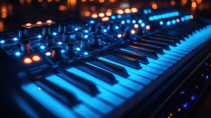 Synth Keyboard in Blue Light: Night Music Production Studio