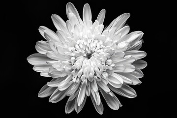A macro photograph of a chrysanthemum flower in full bloom, showcasing its symmetrical petal arrangement.