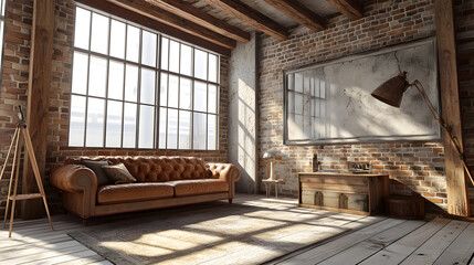 Cozy industrial living room with vintage decor and light. 3d rendering