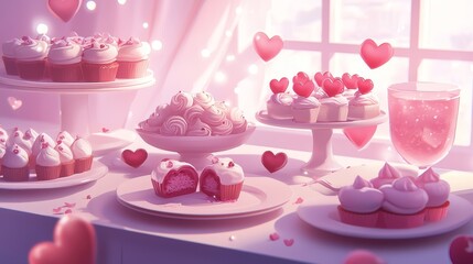 A table filled with Valentine-themed desserts, soft romantic lighting, vintage, pastel illustration