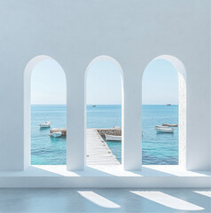 Fototapeta premium Greek coastal style with smooth white stucco walls,three medium size square windows.center window frames a small pier fishing boats,the side windows show the calm,endless blue sea under a blue sky