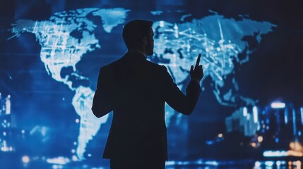 Entrepreneur pitching a business plan in a VR environment, modern global finance