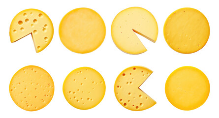 Set of round hard cheeses isolated on transparent background, top view