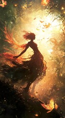 Naklejka premium Fiery Woman in a Magical Forest: A Fantasy Painting