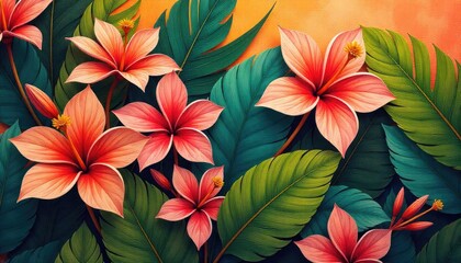 Summer seamless pattern. Beautiful tropical jungle exotic leaves in vivid colors. Summertime design tileable background. digital paper 