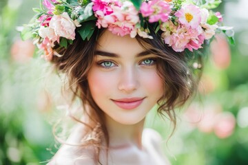 Naklejka premium Slim young woman with a flower crown, half-body shot, vibrant garden backdrop, joyful holiday expression, close-up on her face with soft natural light, cheerful and fresh atmosphere