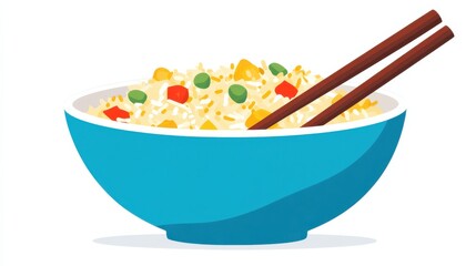 Vibrant Bowl of Fried Rice with Colorful Vegetables and Chopsticks on a White Background, Perfect for Asian Cuisine and Food Promotion