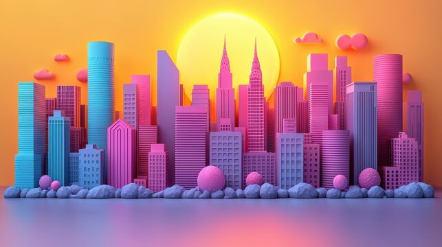 Fototapeta Stylized city skyline at sunset, pastel colors, minimalist 3D render.