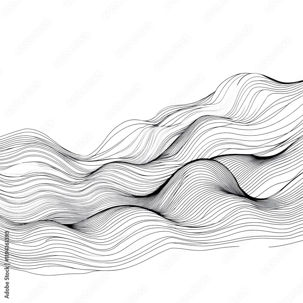 Poster An abstract image featuring flowing silver lines creating a dynamic wave pattern against a black background.