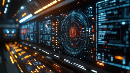 Fototapeta premium Futuristic Control Room Interface with Digital Displays, Circuits, and Data Visualization Elements for High-Tech Environments and Sci-Fi Settings