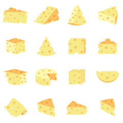 Cheese flat icons set, Cheese with holes cartoon of dairy food wedges, slices and pieces hand draw illustrations