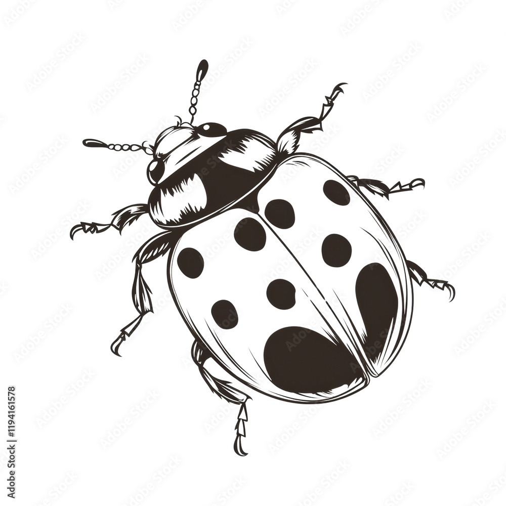 Poster A stylized line art drawing of a ladybug shows intricate details and a dark color scheme on a black background.