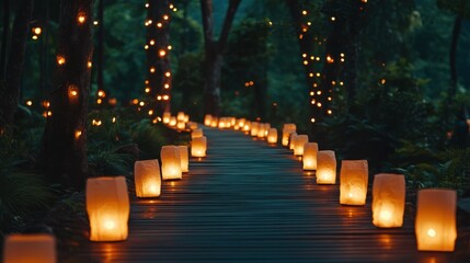 Enchanting Wooden Pathway Lit with Warm Glowing Lanterns, Perfect for Romantic Evenings or Special Events