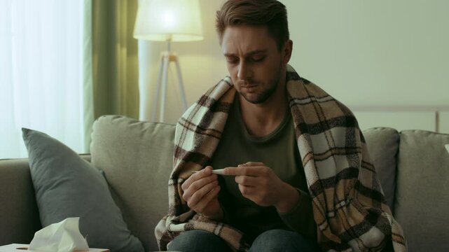A man in his thirties sits wrapped in a blanket on his couch, looking concerned as he checks his thermometer. Empty tissues surround him, indicating he is feeling unwell and isolated.