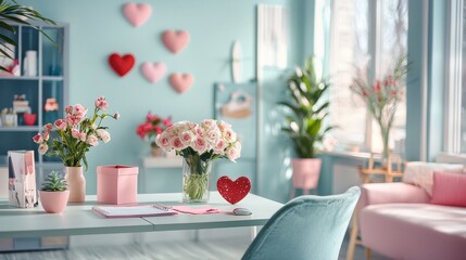 Chic Valentine's office decor featuring subtle heart-shaped accents, flowers on desks, and festive pastel colors