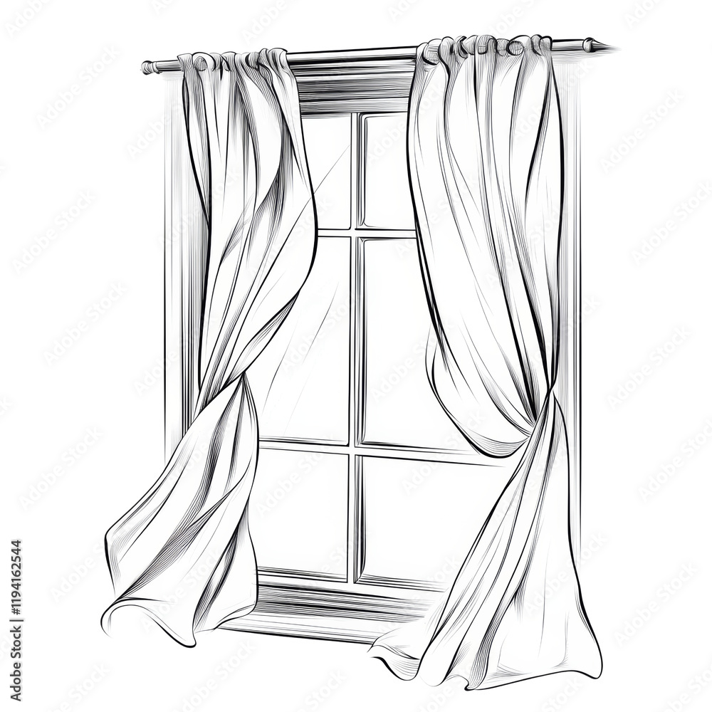 Poster A monochrome sketch depicts a window with flowing curtains gently blown by a breeze, showcasing detailed linework and shading.