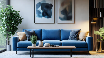 Bright seating area with blue accents and natural light.