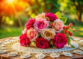 Artificial Rose Bouquet, White Crochet Tablecloth, Rural Garden Still Life, Daylight Macro Photography