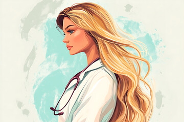A stylized illustration of a woman doctor with long hair and a stethoscope.