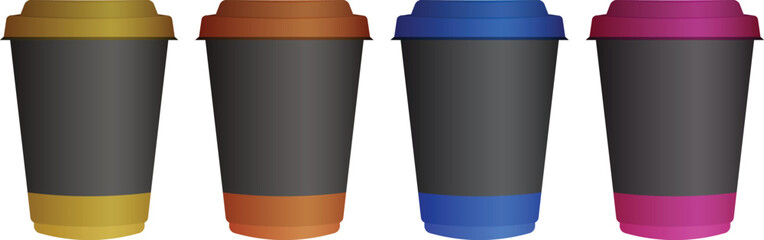 paper and plastic coffee cups in different colors. Vector 3D mockup