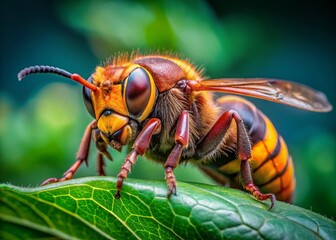 Fototapeta premium Asian Giant Hornet Macro on Green Leaf - Copy Space for Design & Text - Stock Photo