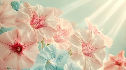 Stylized petunias with a starburst background, pastel shades of pink, baby blue, and white, seamless mid-century wallpaper style, textured overlay for added depth, nostalgic lighting effects,