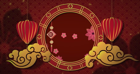 Image of chinese traditional decorations on red background