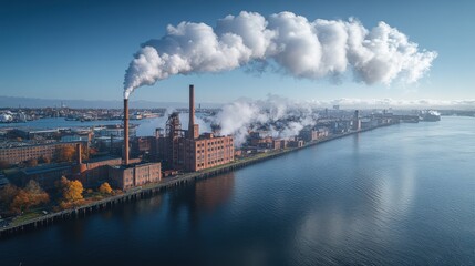 Aerial View of Industrial Plant Emitting Smoke Into Clear Sky Over Calm Water with Reflections and Cityscape in the Background, Showcasing Urban Development and Manufacturing