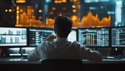 Fototapeta premium Young entrepreneur trading stocks on a futuristic platform, modern aesthetic, Investment, Digital finance