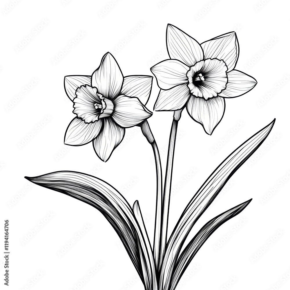 Poster a detailed line drawing depicts two daffodils with their leaves on a black background.