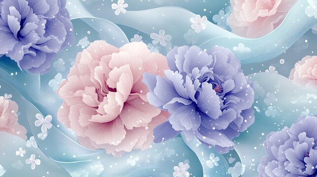 Swirling ribbons gracefully interwoven with carnations and polka dots, pastel shades of lavender, teal, and blush, vintage-inspired seamless floral design, 1950s wallpaper aesthetic, hd quality,
